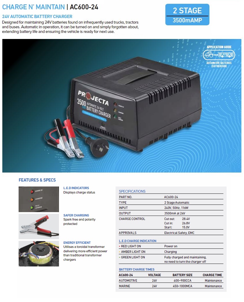 Projecta Charge N' Maintain AC60024 Automatic 24V 3500mA 2 Stage
