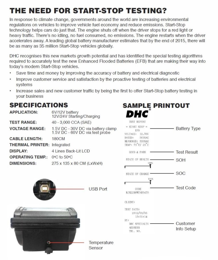 DHC BT2000 Advanced Battery & System Tester with Printer for STARTSTOP