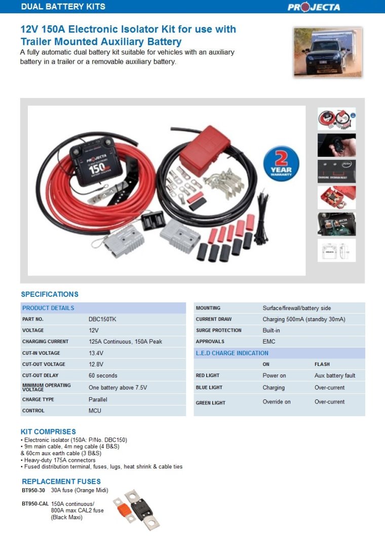 Projecta DBC150TK 12V 150A Electronic Isolator Kit for use with Trailer