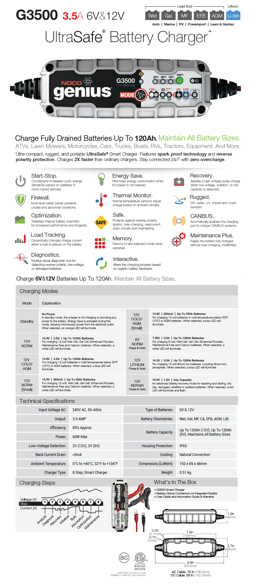 NOCO G3500 6V & 12V 3.5A UltraSafe Battery Charger and Maintainer