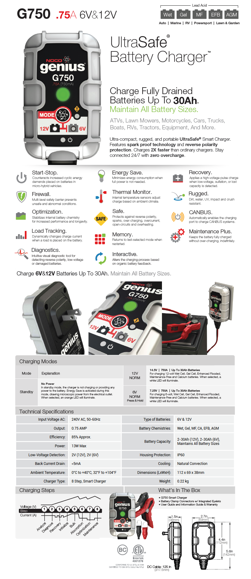 NOCO G750 6V & 12V 0.75A UltraSafe Battery Charger and Maintainer