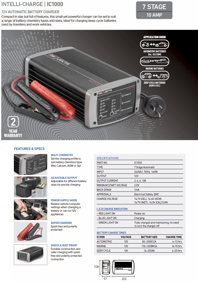 Projecta IntelliCharge IC1000 Automatic 12V 10A 7 Stage Battery Charger