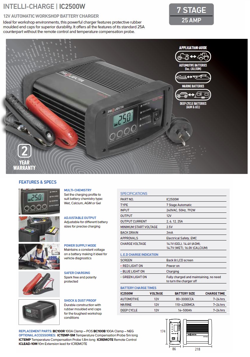 Projecta IntelliCharge IC2500W Automatic 12V 25A 7 Stage Battery