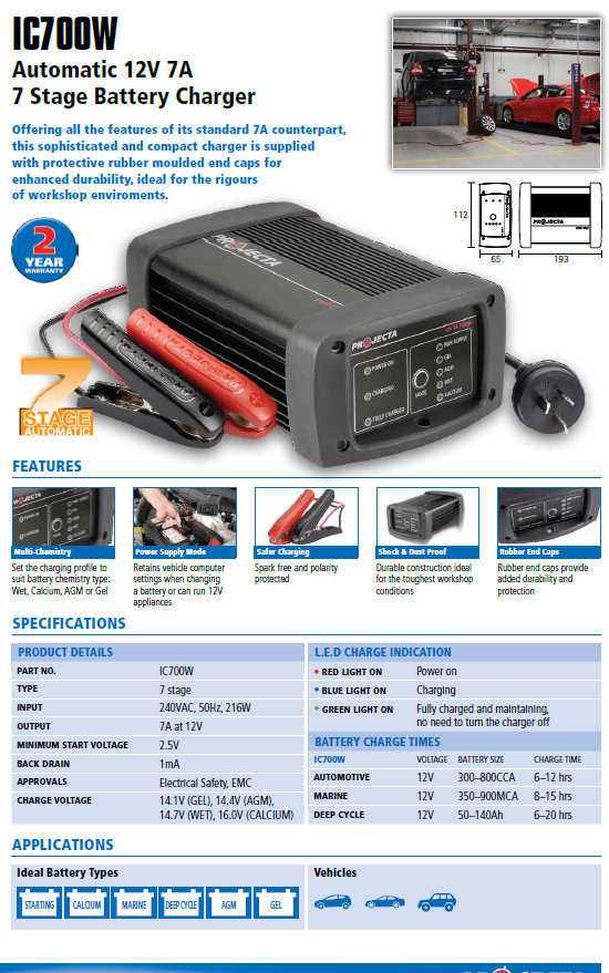 Projecta IntelliCharge IC700W Automatic 12V 7A 7 Stage Battery Charger