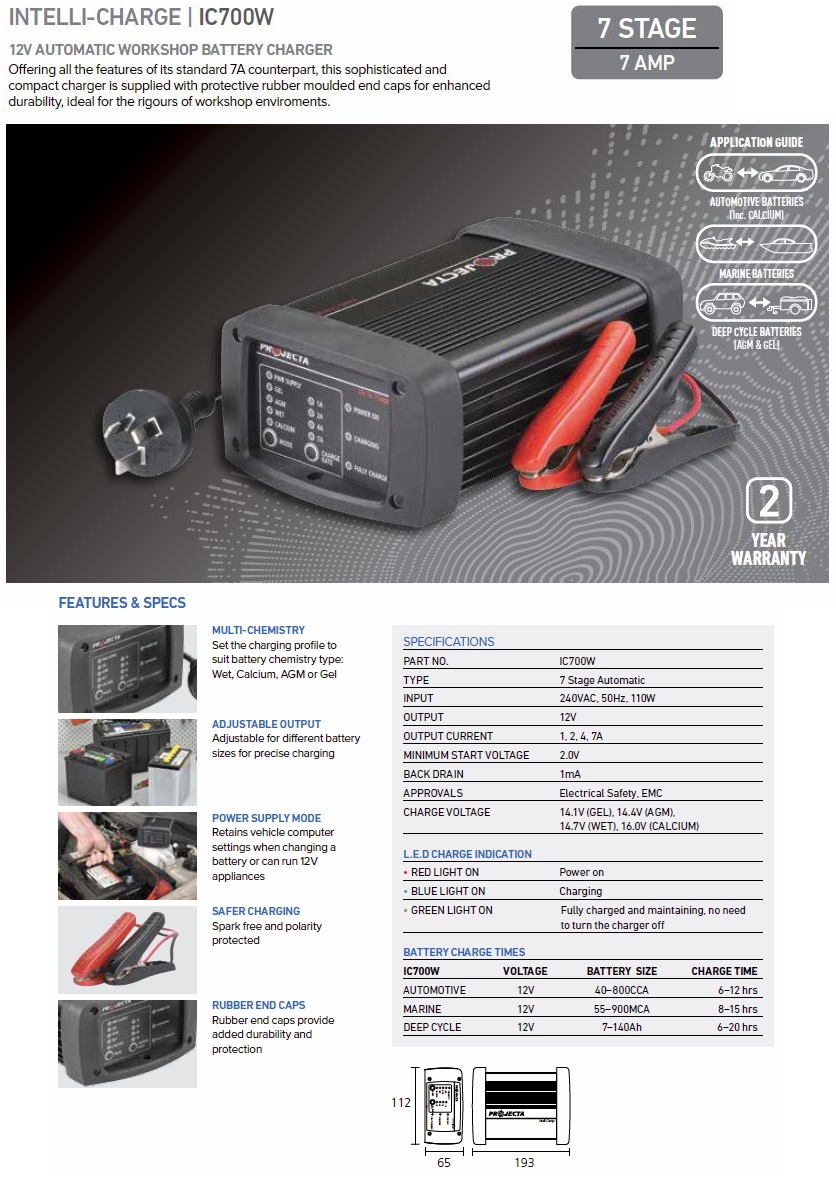 Projecta IntelliCharge IC700W Automatic 12V 7A 7 Stage Battery Charger