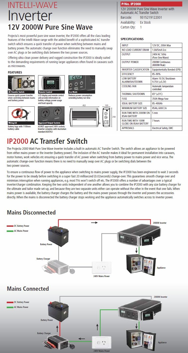 Projecta IP2000 12V 2000W Pure Sine Wave Inverter with Automatic AC Transfer Switch