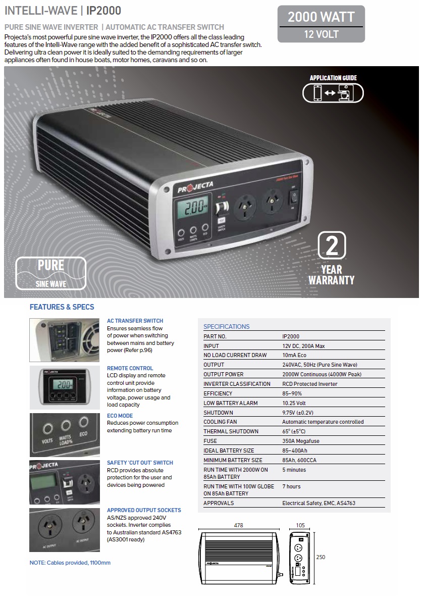 Projecta IP2000 Intelli-Wave 12V 2000W Pure Sine Wave Inverter with ...