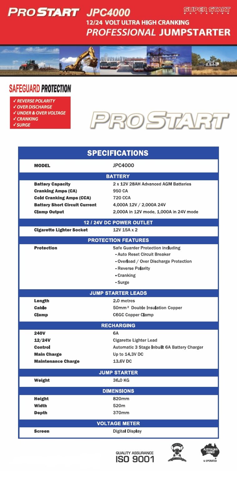 SSB ProStart JPC4000 12/24 Volt Ultra High Cranking Professional Jump Starter