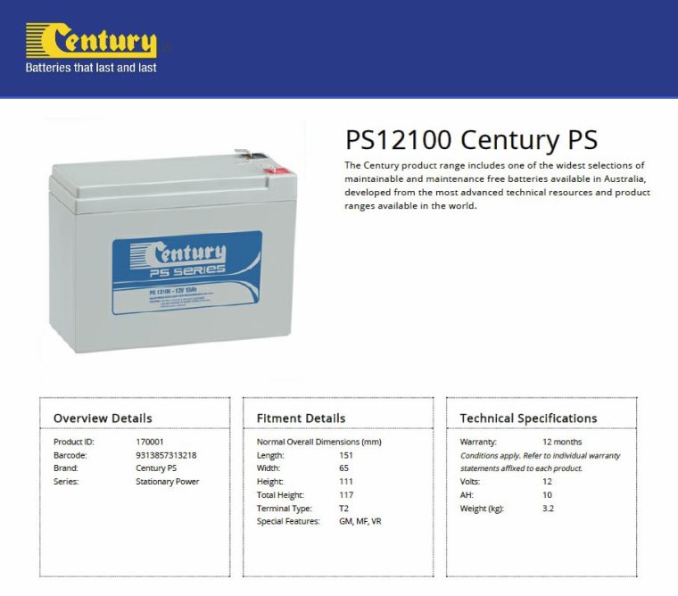 Century PS12100 12V 10Ah PS Series