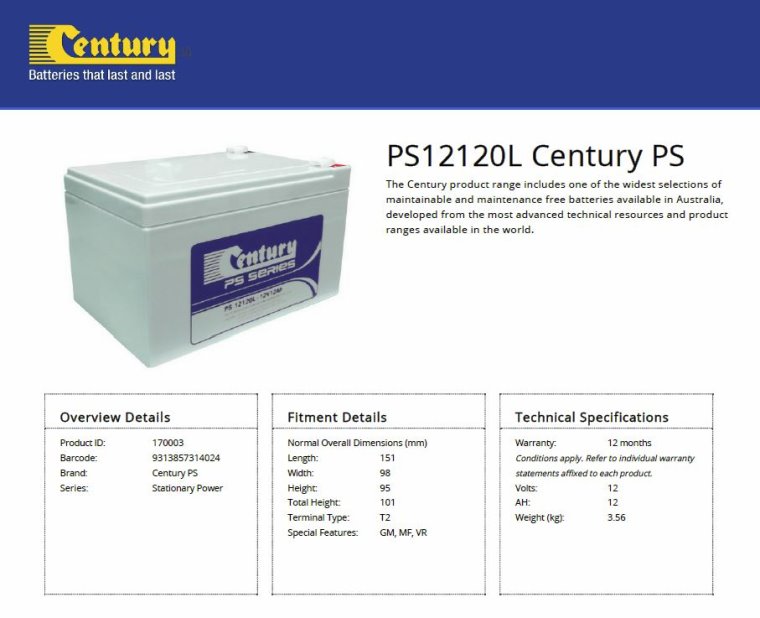 Century PS12120L 12V 12Ah PS Series