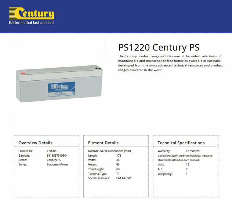 Century PS1220 12V 2Ah PS Series