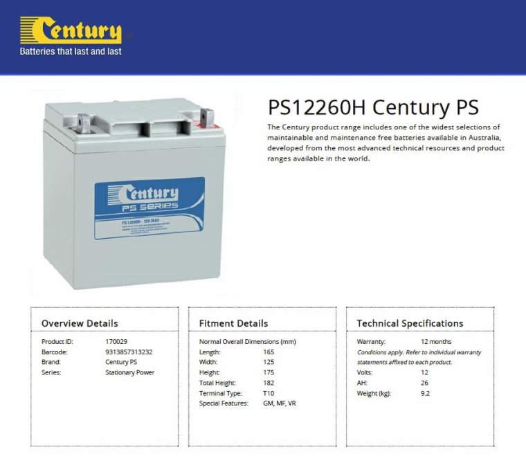 Century PS12260H 12V 26Ah PS Series