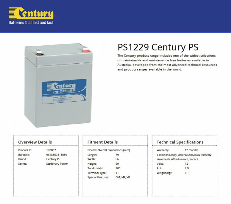 Century PS1229 12V 2.9Ah PS Series