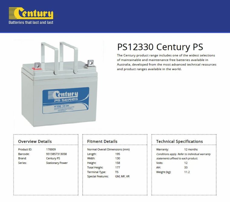 Century PS12330 12V 33Ah PS Series