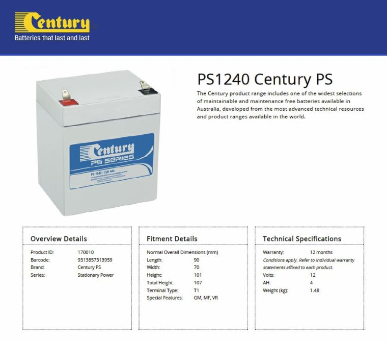 Century PS1240 12V 4Ah PS Series