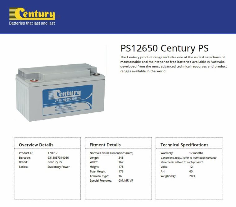 Century PS12650 12V 65Ah PS Series