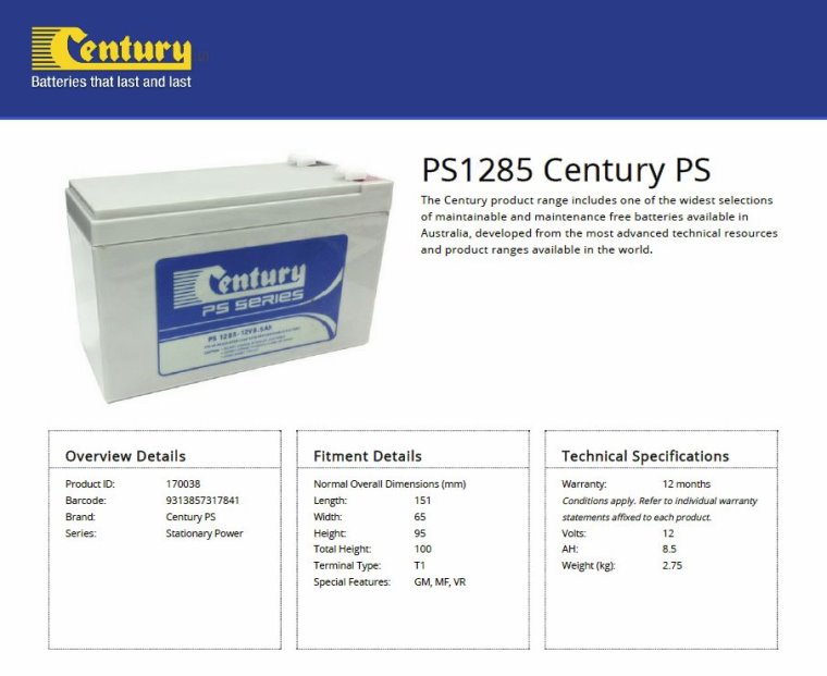 Century PS1285 12V 8.5Ah PS Series