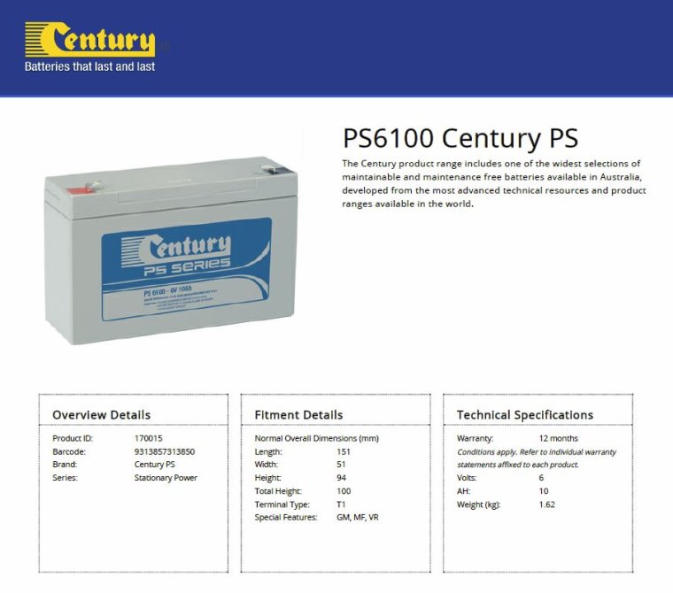 Century PS6100 6V 10Ah PS Series