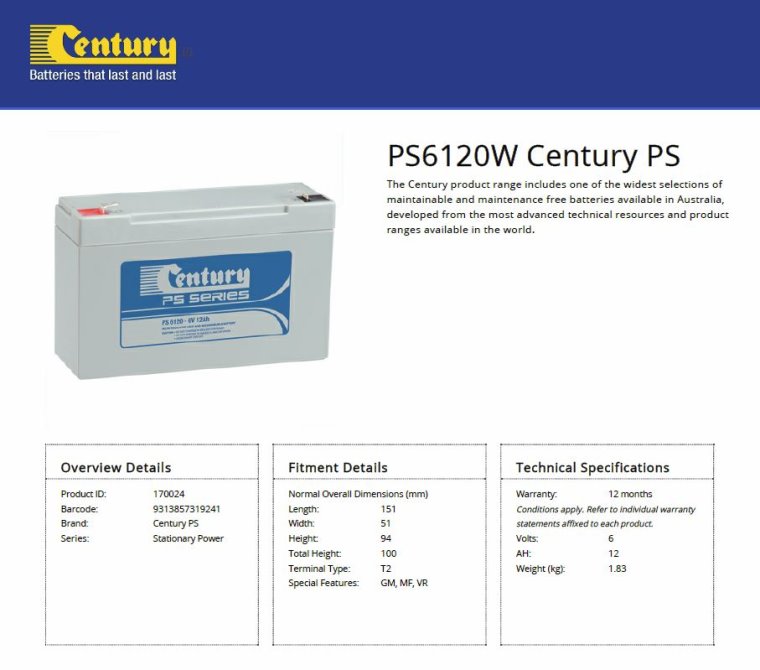 Century PS6120W 6V 12Ah PS Series