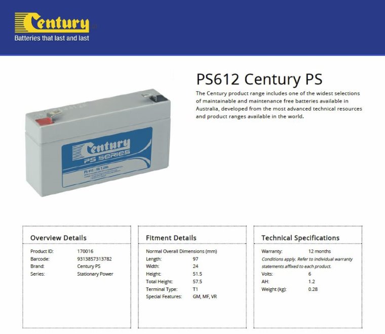 Century PS612 6V 1.2Ah PS Series
