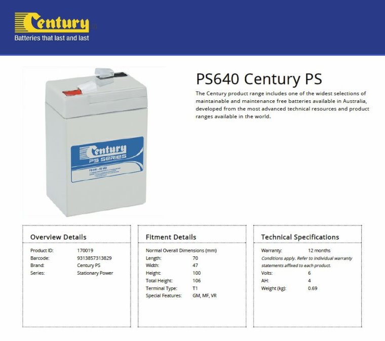 Century PS640 6V 4Ah PS Series