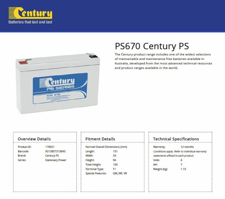 Century PS670 6V 7Ah PS Series