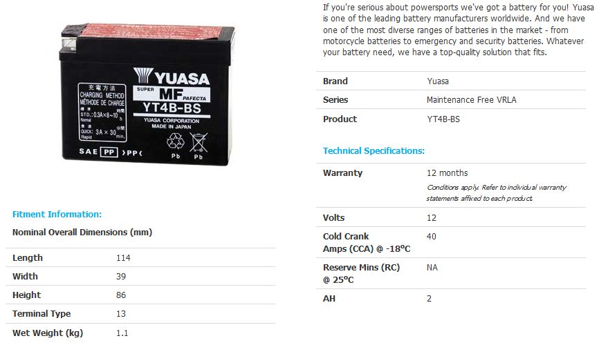 Yuasa YT4B-BS Maintence Free VRLA
