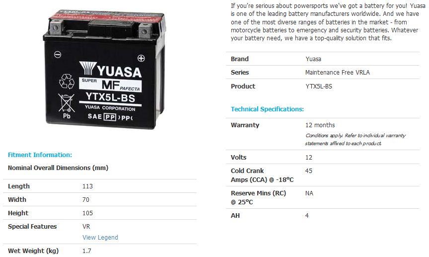 Yuasa YTX5L-BS Maintence Free VRLA