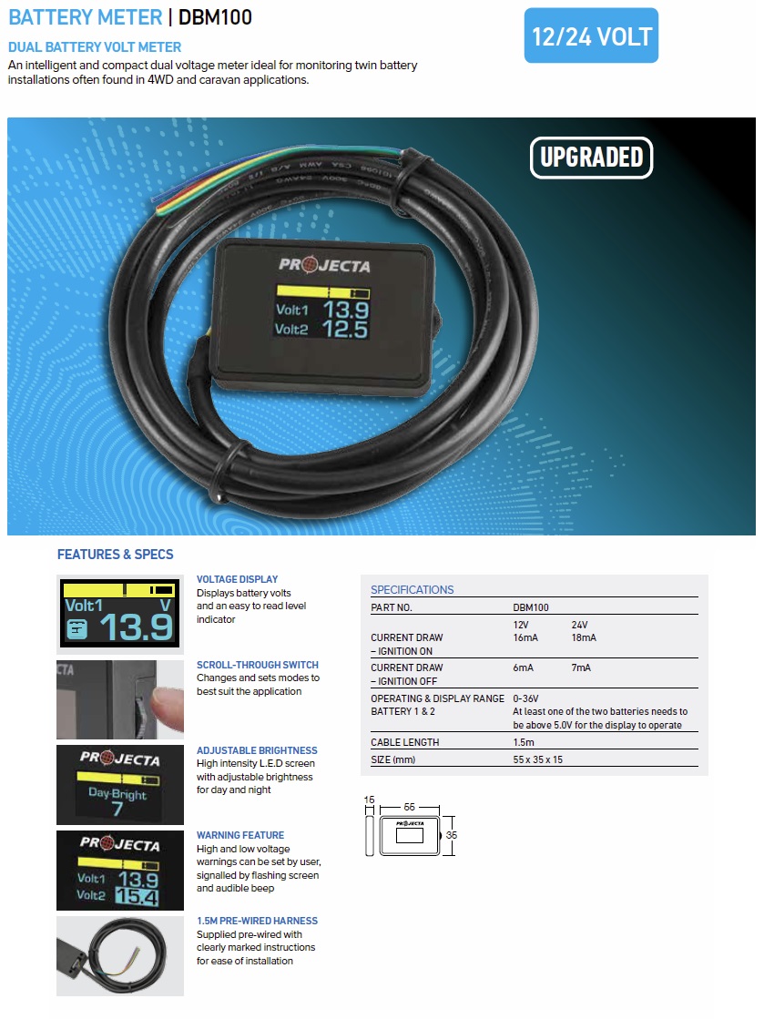 Projecta DBM100 12V Dual Battery Volt Meter