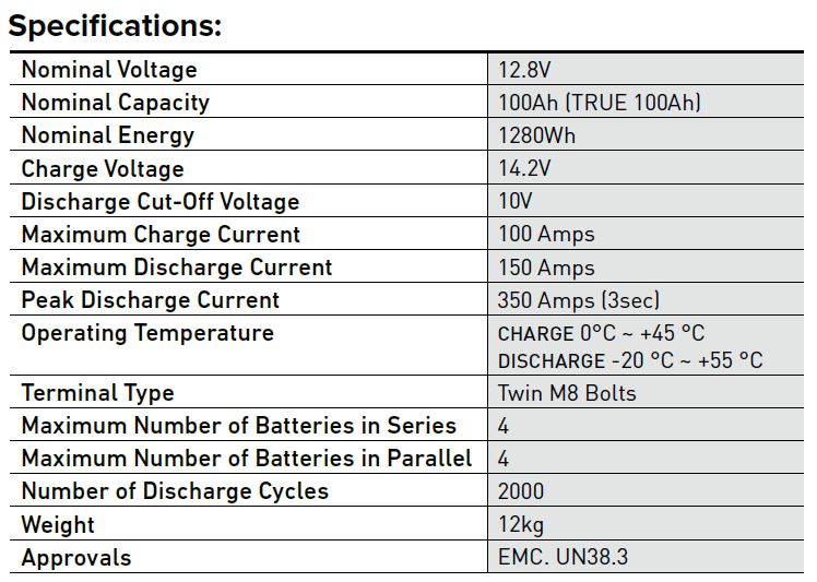 Projecta LB100-BT 12V 100Ah Lithium High Discharge Deep Cycle Battery