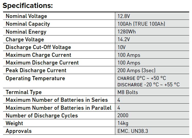 Projecta LB100 12V 100Ah Lithium Deep Cycle Battery