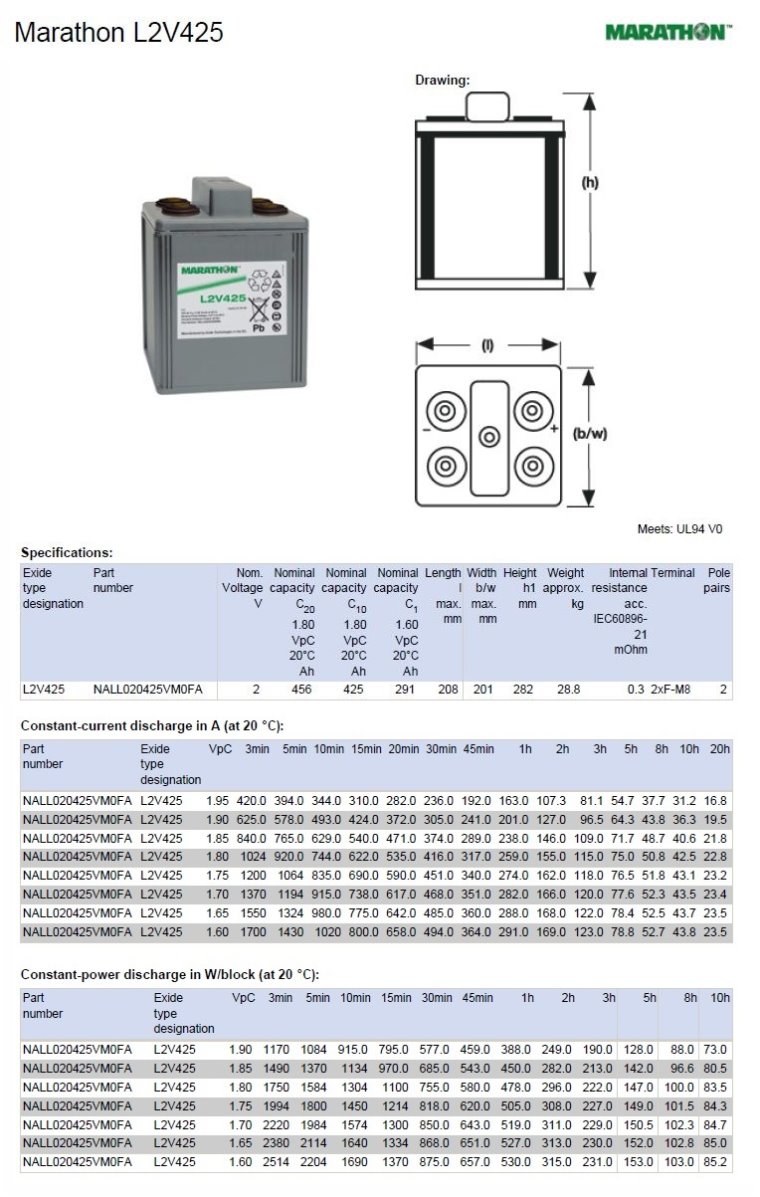 Marathon L NALL020425VM0FA (L2V425) 2V 425Ah