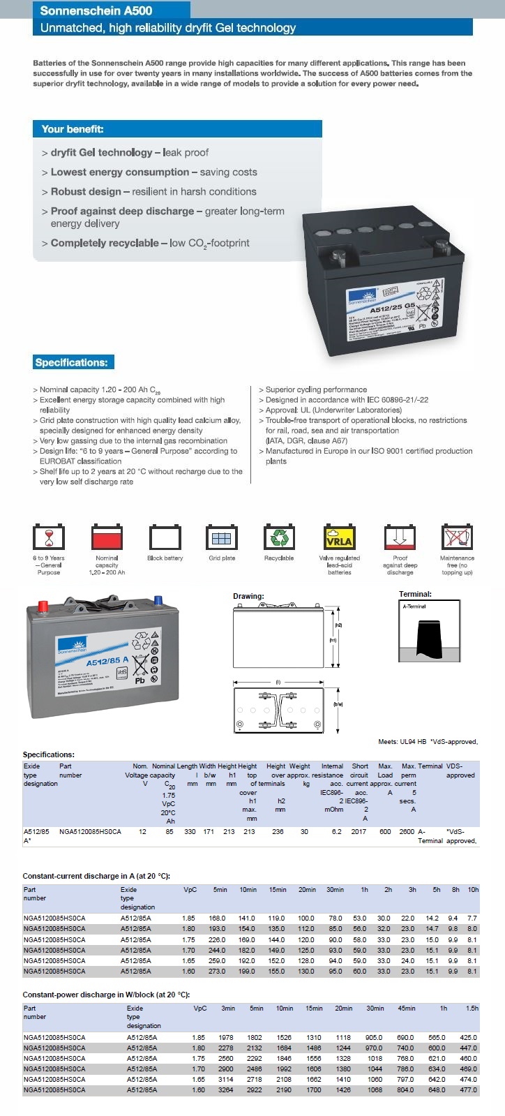 Sonnenschein NGA5120085HS0CA (A512/85A) 12V 85Ah dryfit A500