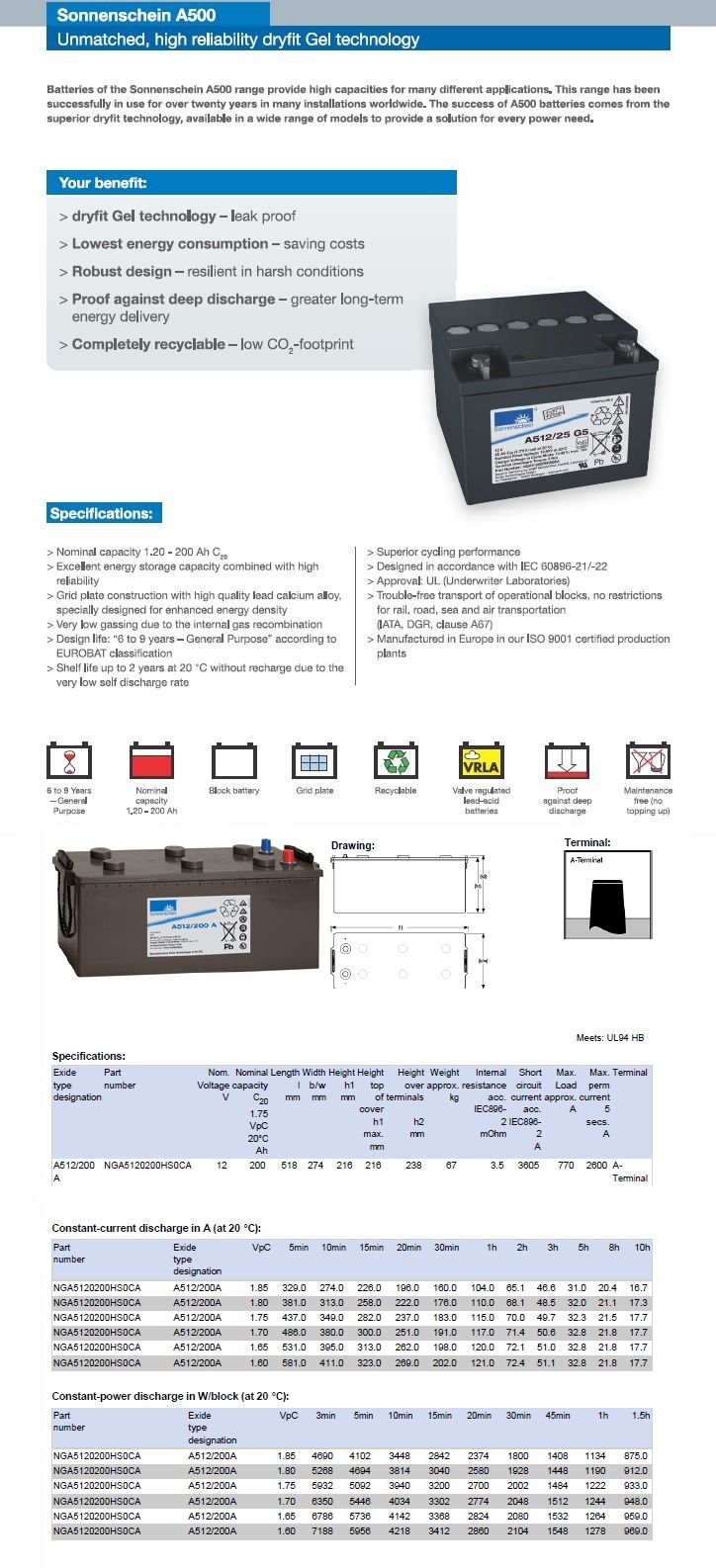 Sonnenschein NGA5120200HS0CA (A512/200A) 12V 200Ah dryfit A500