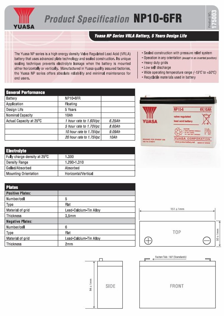 Yuasa NP10-6 NP Series 6V 10AH VRLA Battery