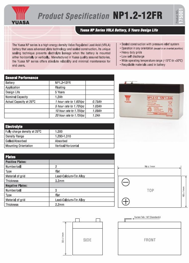 Yuasa NP1.2-12 NP Series 12V 1.2AH VRLA Battery