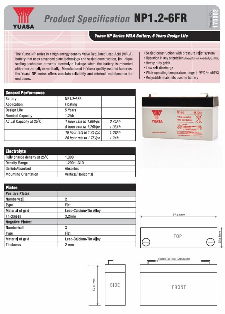 Yuasa NP1.2-6 NP Series 6V 1.2AH VRLA Battery