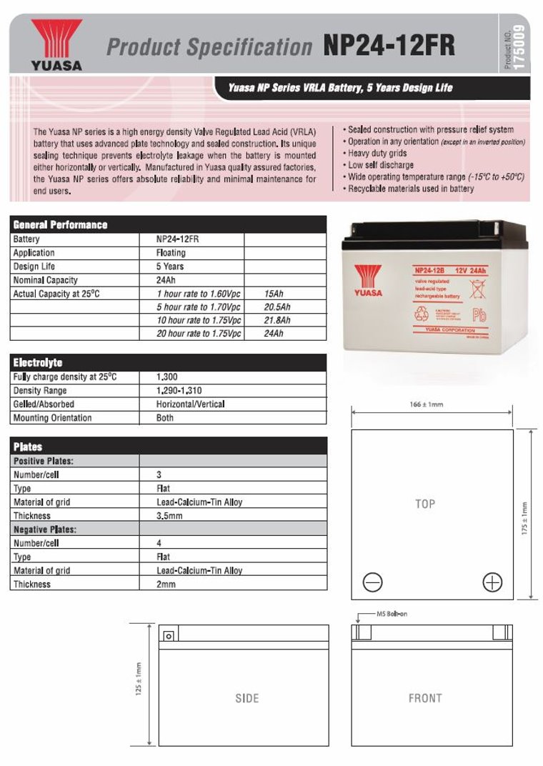 Yuasa NP24-12BFR NP Series 12V 24AH VRLA Battery