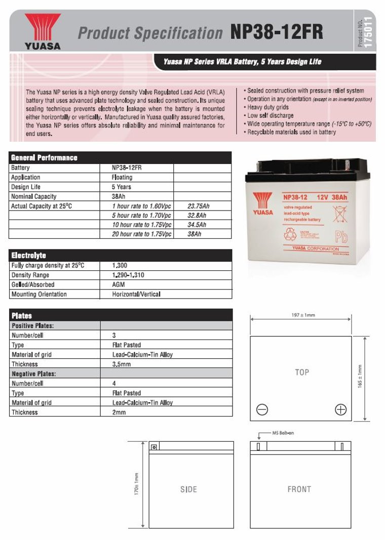 Yuasa NP38-12BFR NP Series 12V 38AH VRLA Battery