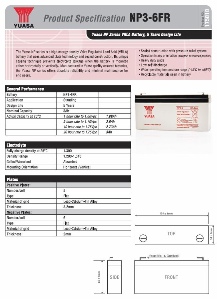 Yuasa NP3-6 NP Series 6V 3AH VRLA Battery