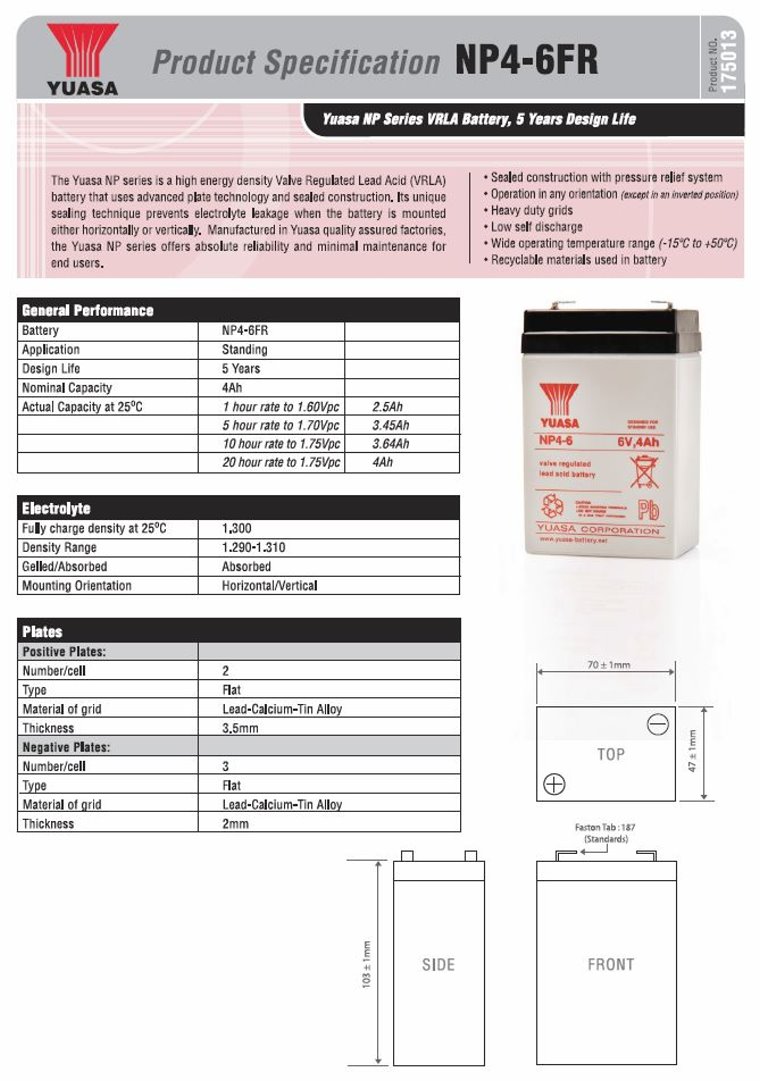 BATTERIA YUASA NP4-6 6V 4 Ah 