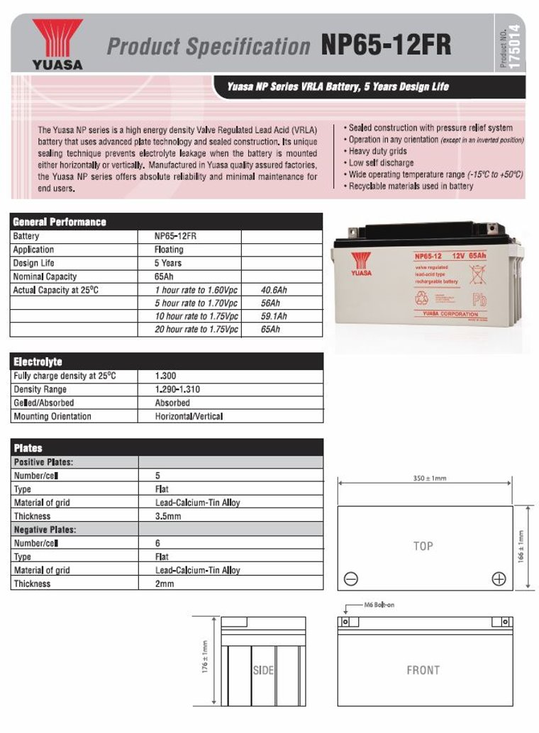 Yuasa NP65-12BFR NP Series 12V 65AH VRLA Battery