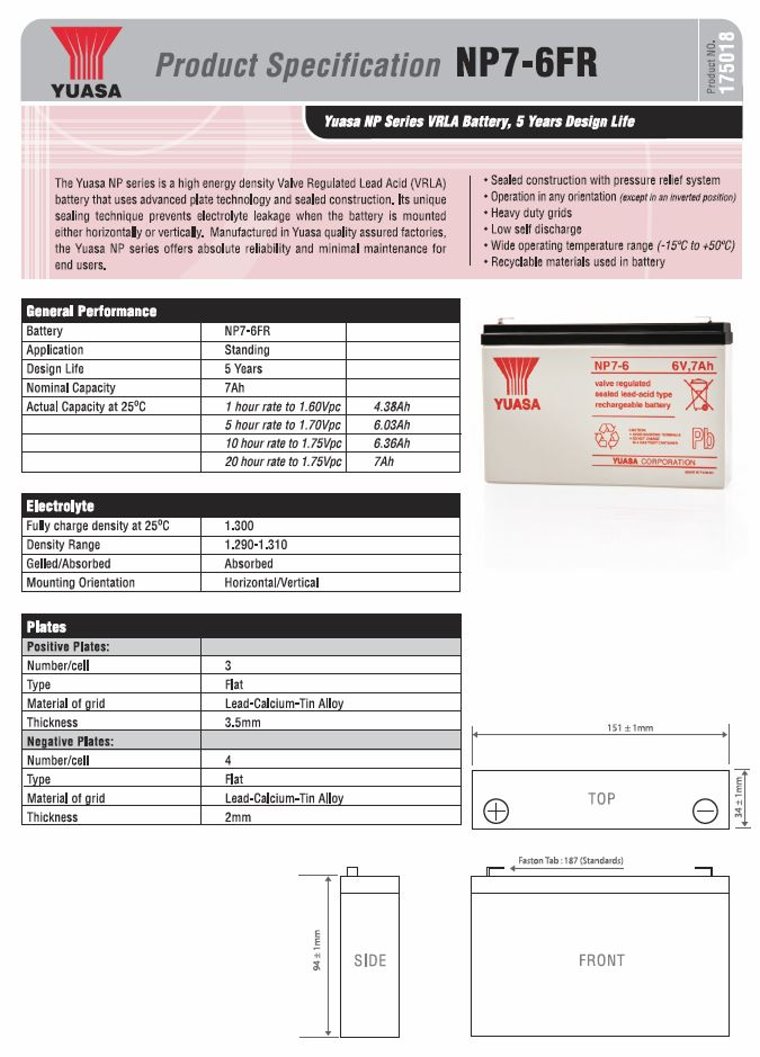 Yuasa NP7-6 NP Series 6V 7AH VRLA Battery