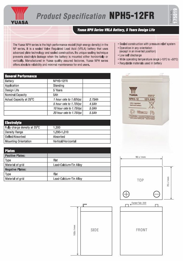 Yuasa NPH5-12FR NPH Series 12V 5AH VRLA Battery