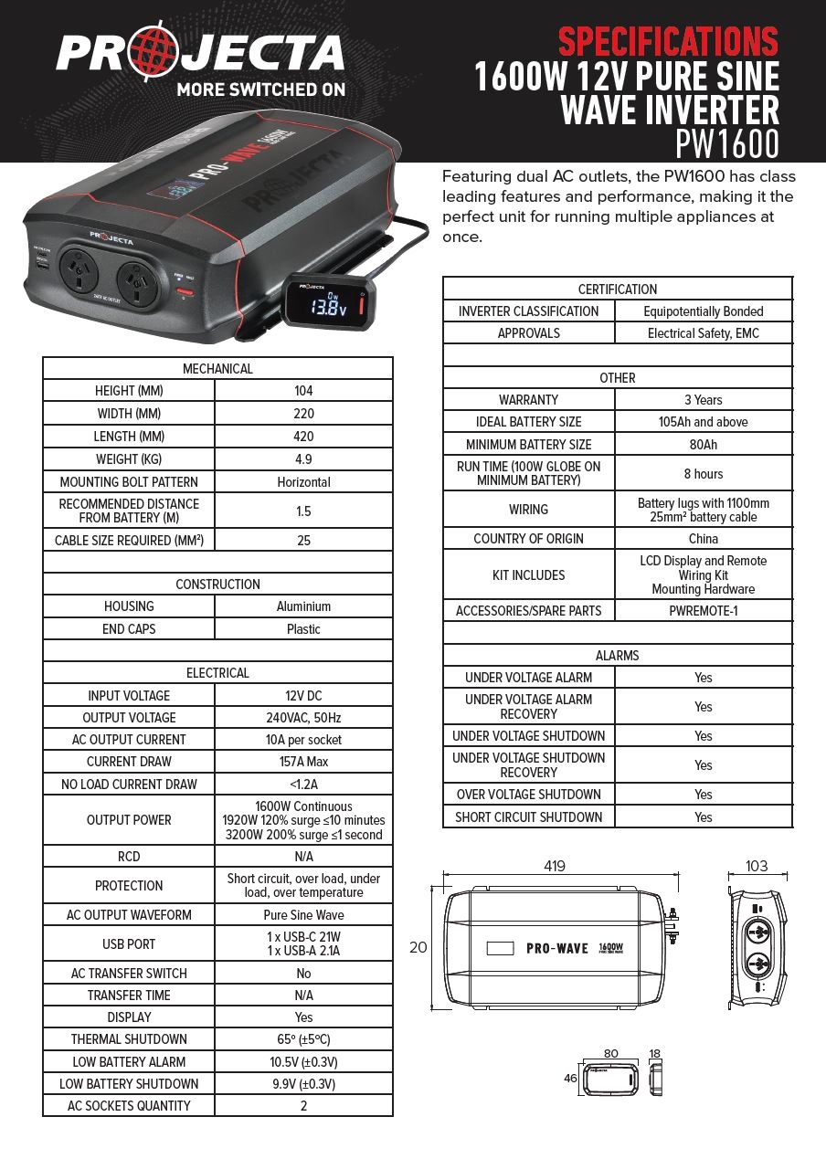 Projecta PW1600 Pro-Wave 12V 1600W Pure Sine Wave Inverter