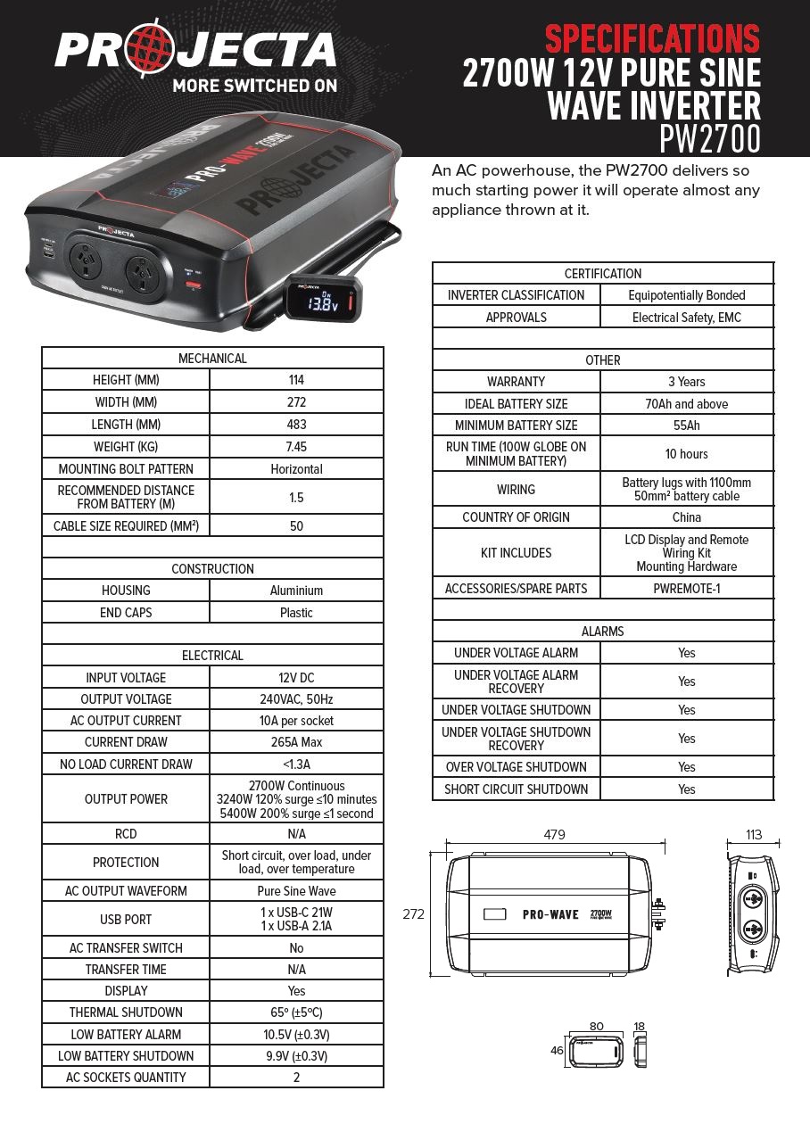 Projecta PW2700 Pro-Wave 12V 2700W Pure Sine Wave Inverter