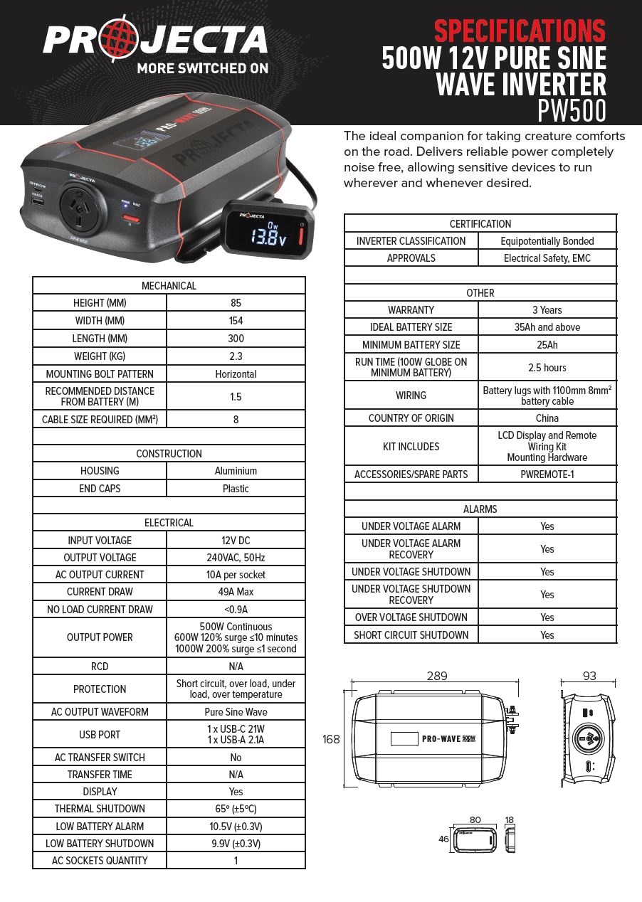 Projecta PW500 Pro-Wave 12V 500W Pure Sine Wave Inverter