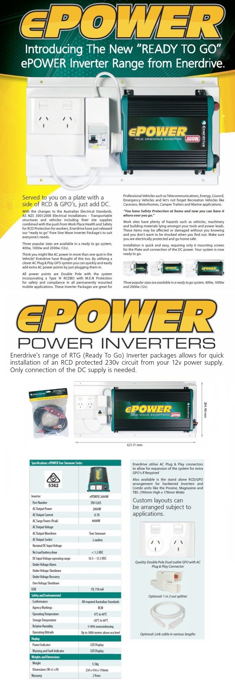 Enerdrive RCD-GPO-EP2000W ePOWER 2000W 12V Inverter on Plate with RCD & GPO