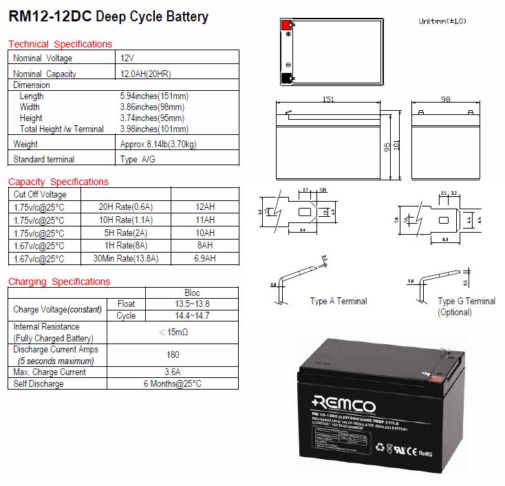 Remco RM12-12DC 12V 12AH Deep Cycle