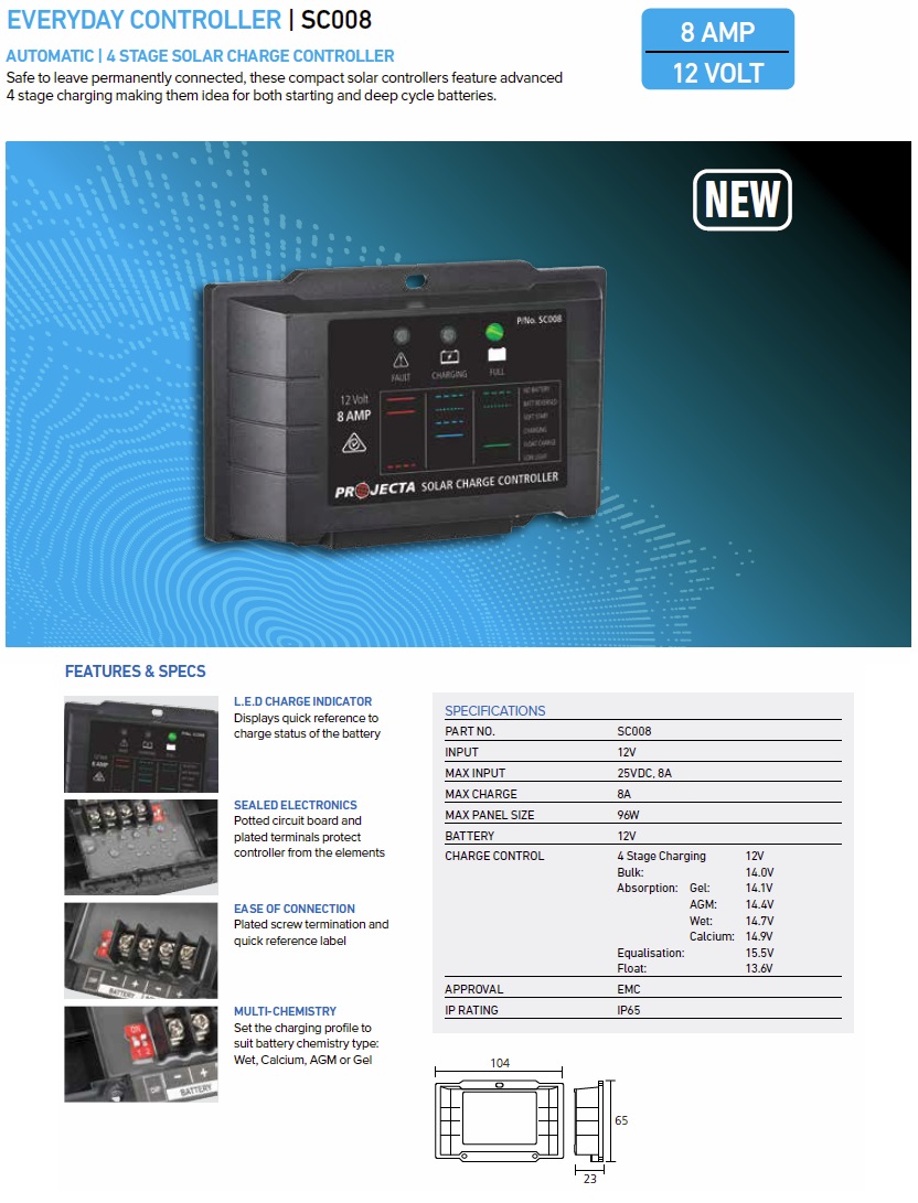 Projecta SC008 4 Stage Automatic 12V 8A Solar Charge Controller